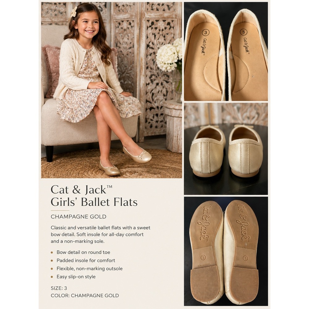 Cat & Jack Girls Champagne Gold Metallic Ballet Flats Bow Detail Size 3